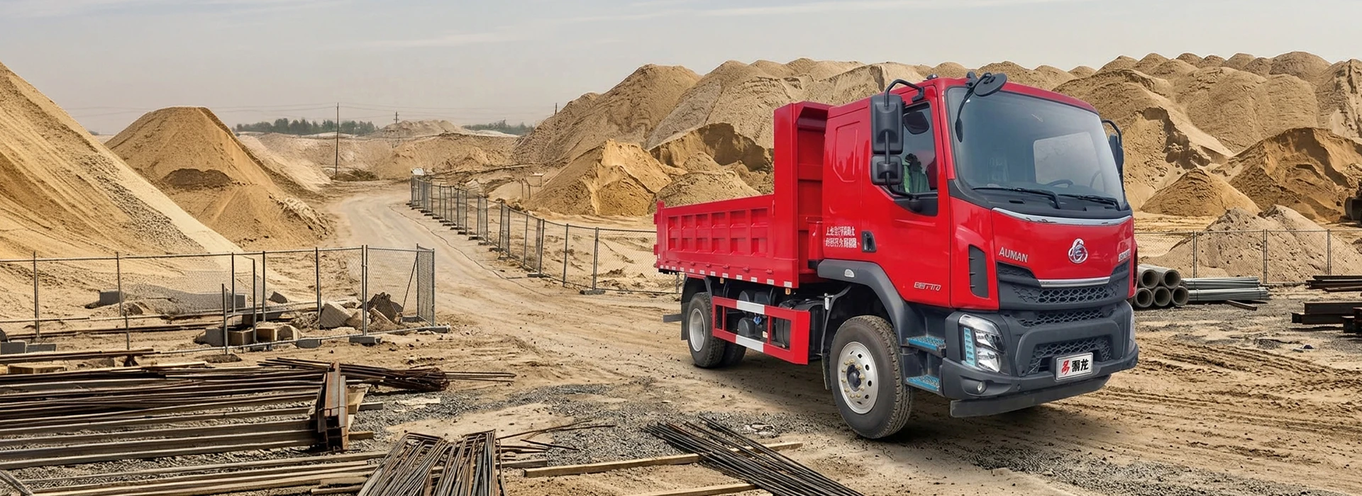 Front three-quarter view of a red Chenglong M3 dump truck parked in an active sand quarry construction yard with excavators and building materials.