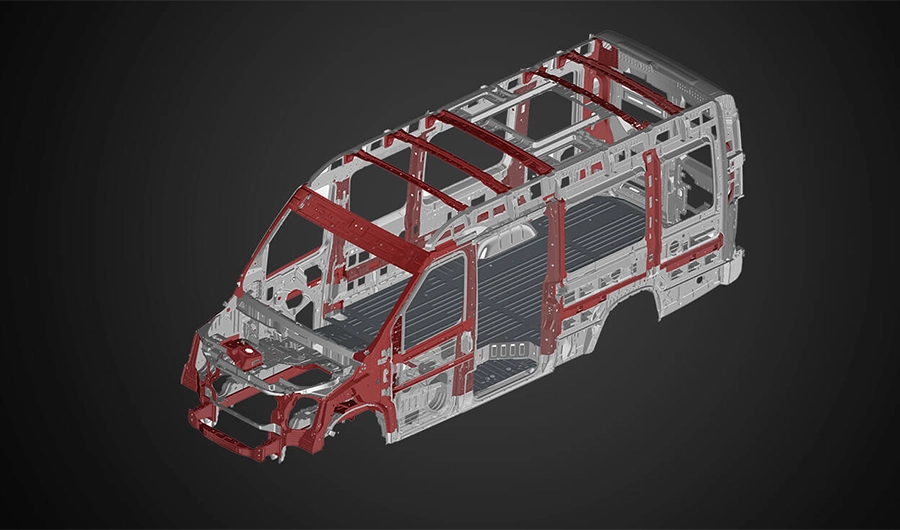 3D structural chassis diagram of Force Motors Urbania highlighting high-strength steel safety frame design