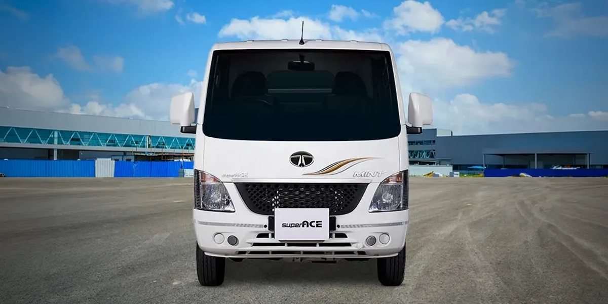 Front view of a white Tata Super Ace Mint mini truck