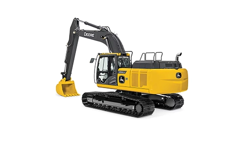 John Deere tracked excavator with digging bucket for construction and earthmoving