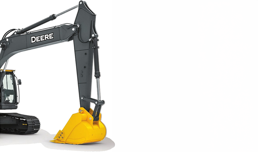John Deere tracked excavator with hydraulic boom, arm and digging bucket for earthmoving