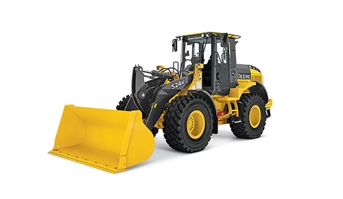 John Deere wheel loader with large front bucket for construction and material handling