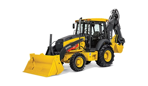 John Deere backhoe loader with front loader bucket and rear excavator attachment