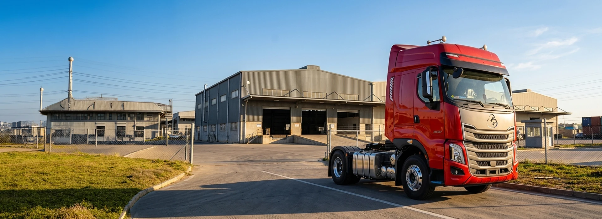 Red heavy-duty commercial truck cab parked on a paved road outside a logistics factory warehouse under a bright, clear blue afternoon sky.