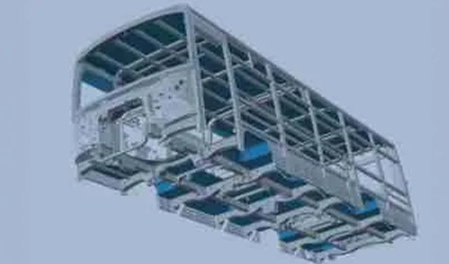 Commercial bus body frame and chassis structure shown before exterior assembly