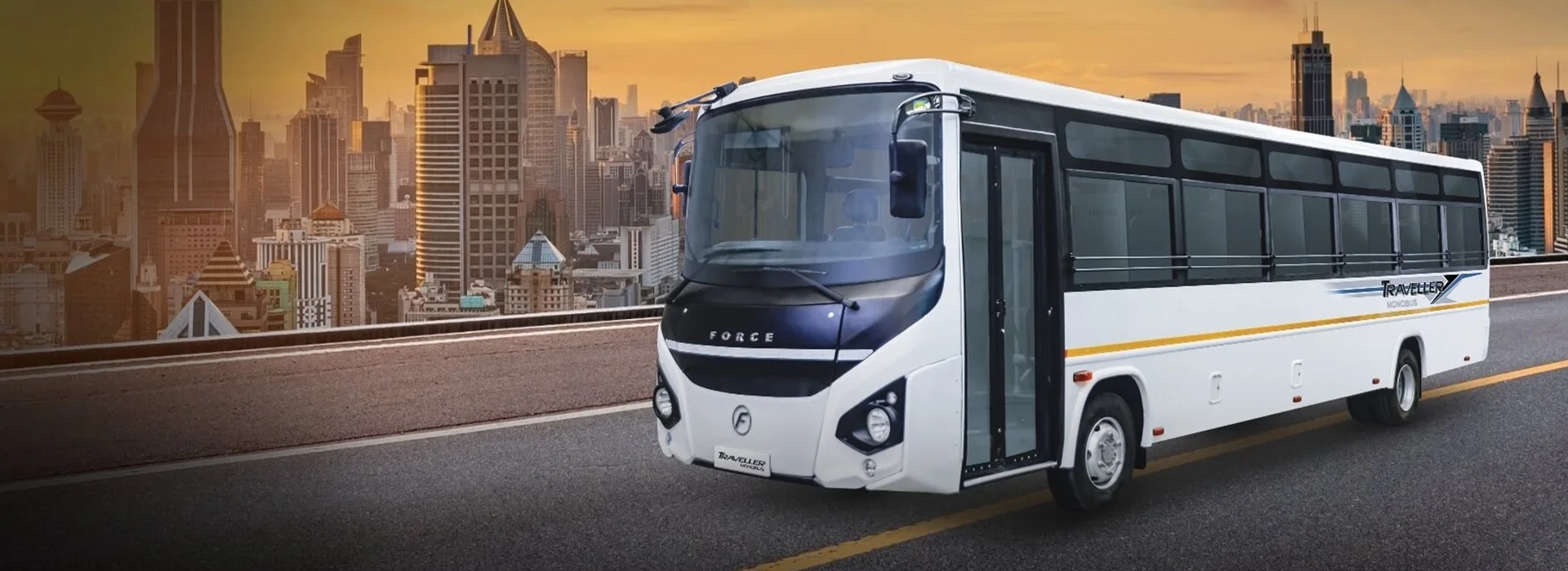 White Force Traveller Monobus featuring a monocoque body, panoramic windshield, and tinted passenger side windows parked on a highway with a city skyline backdrop