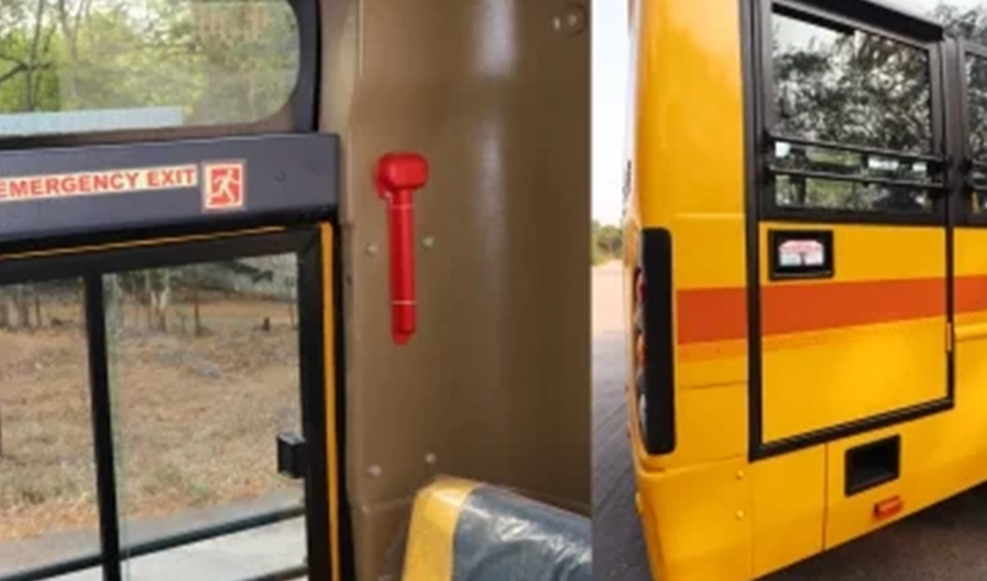 Force Monobus school bus emergency exit showing emergency hammer, exit signage and exterior emergency window
