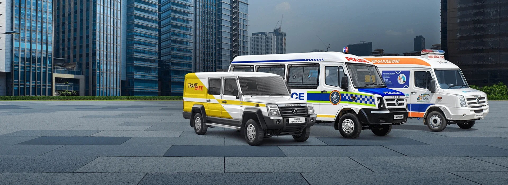 Tata Africa Force Motors special application fleet featuring police van, mobile medical unit, and secure cash transport.