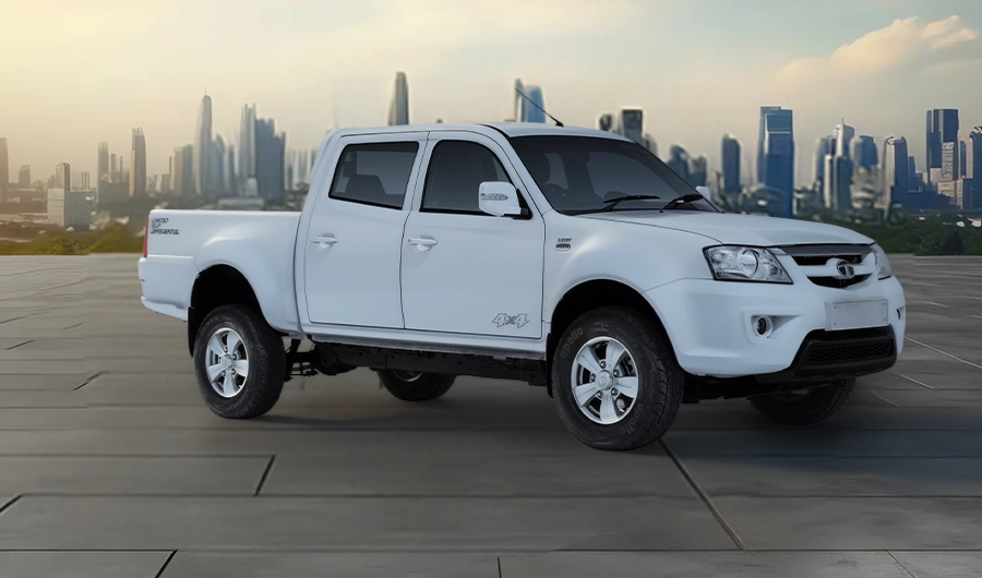 Side view of a white Tata Xenon 4x4 double cab bakkie parked against a blurred city skyline at sunset