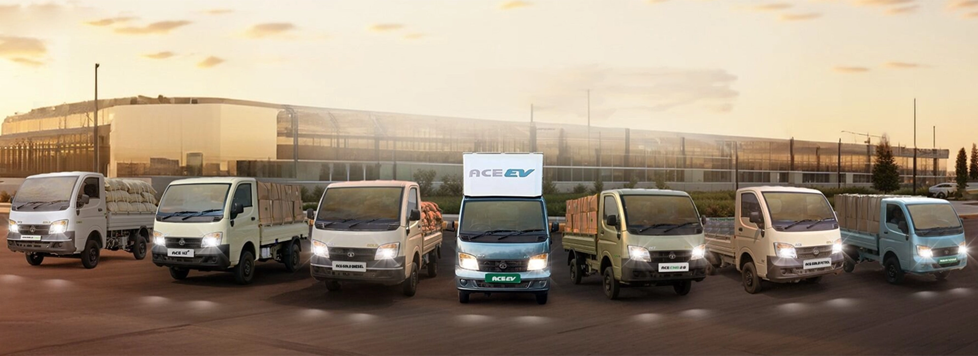 Fleet of Tata Ace mini commercial trucks lined up in a row