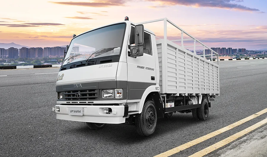White and grey Tata LPT 810 Ex2 cargo truck with a drop-side body and overhead frame parked on a paved surface with a city skyline background.