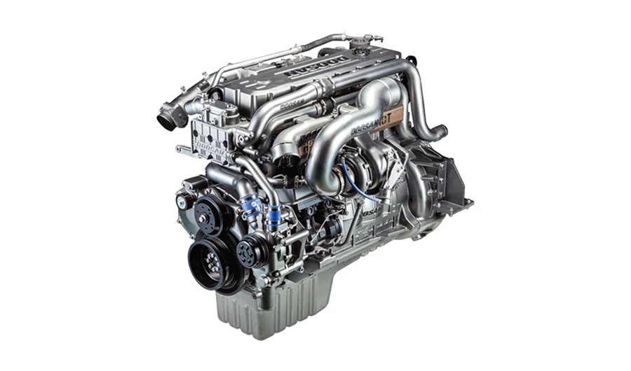 Isolated studio shot of a metallic Doosan heavy-duty turbocharged diesel engine assembly on a white background.