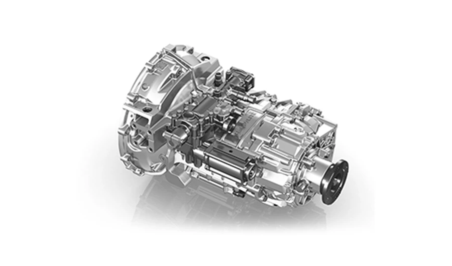 Detailed view of a Daewoo Dexen mechanical truck transmission gearbox on a white background