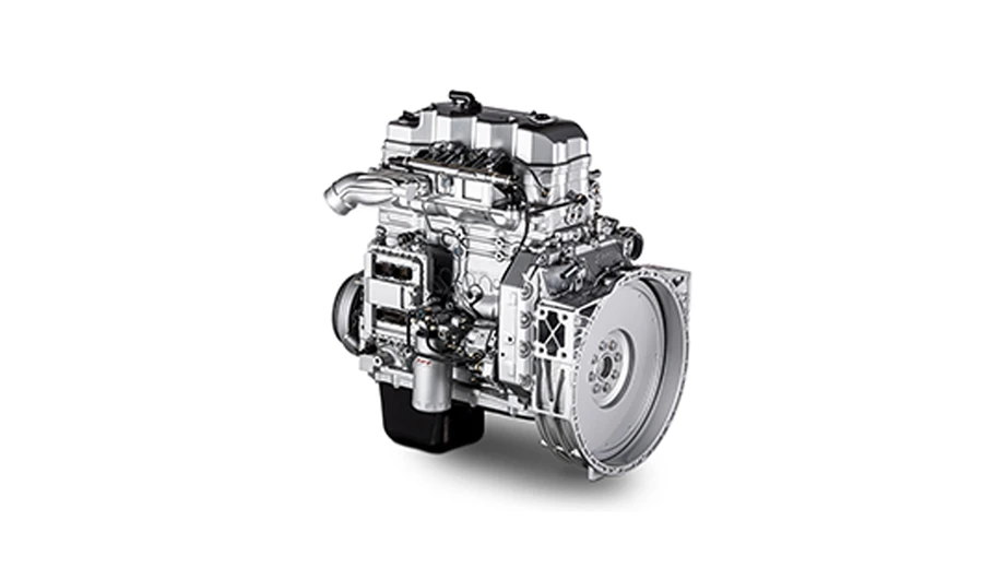 Close-up view of a Daewoo Dexen truck diesel engine assembly on a white background