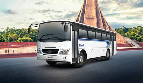Tata LPO 1616 bus chassis with a glowing blue digital bus body outline driving on a road