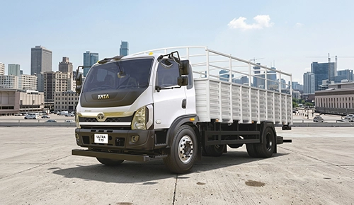 White Tata Ultra T.19 commercial cargo truck with high-sided body parked in front of a city skyline