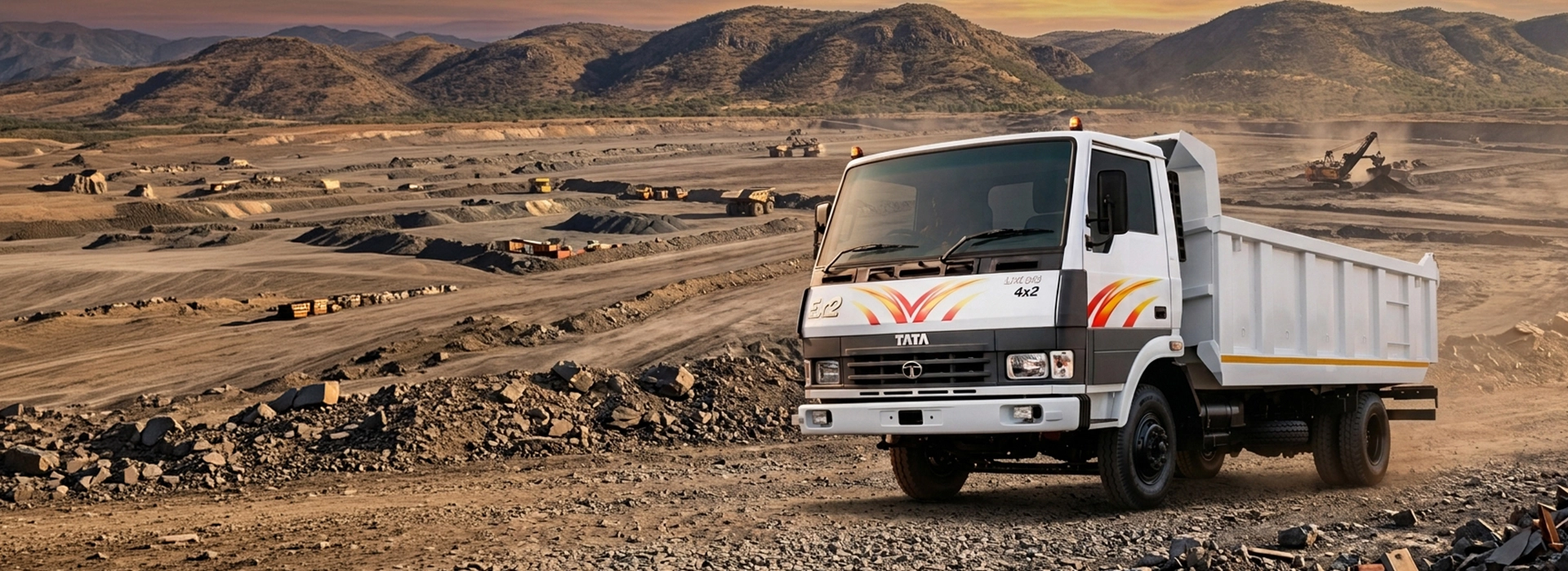 A rugged shot of a white Tata LPK 813 Tipper operational on a dusty, gravel road within a large open-pit mine, with mountains, heavy excavators, and dumpers under a warm sunset sky.
