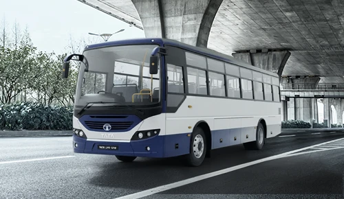 Tata LPO 1318 commercial commuter bus exterior showcase under a modern highway overpass.