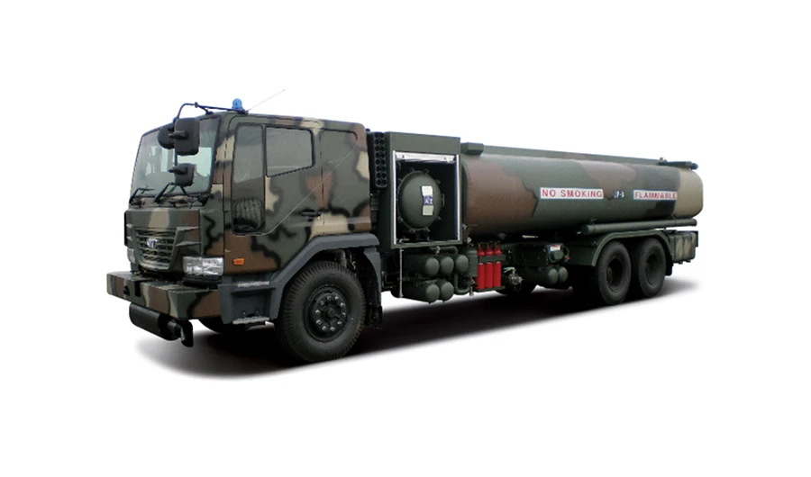 Camouflage Daewoo Novus aircraft refueler tanker truck with flammable hazard label