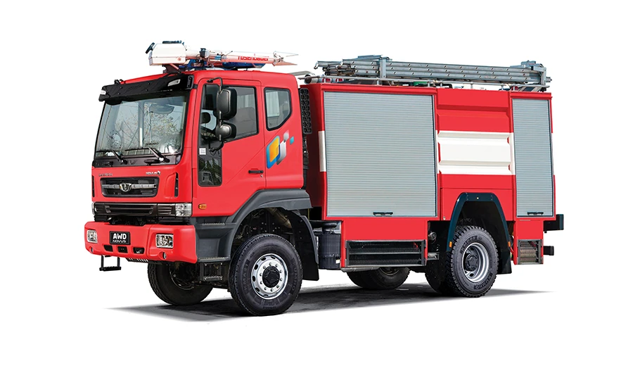 Red Daewoo Novus firefighting engine truck with silver equipment shutter doors