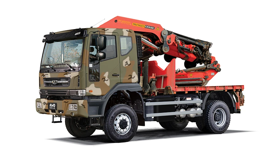 Camouflage Daewoo Novus 4x4 truck fitted with a red Palfinger knuckle boom crane