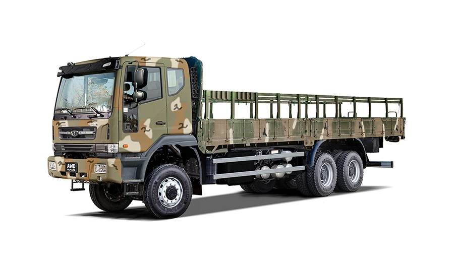 Camouflage Daewoo Novus 6x6 military troop carrier truck with open stake-side flatbed