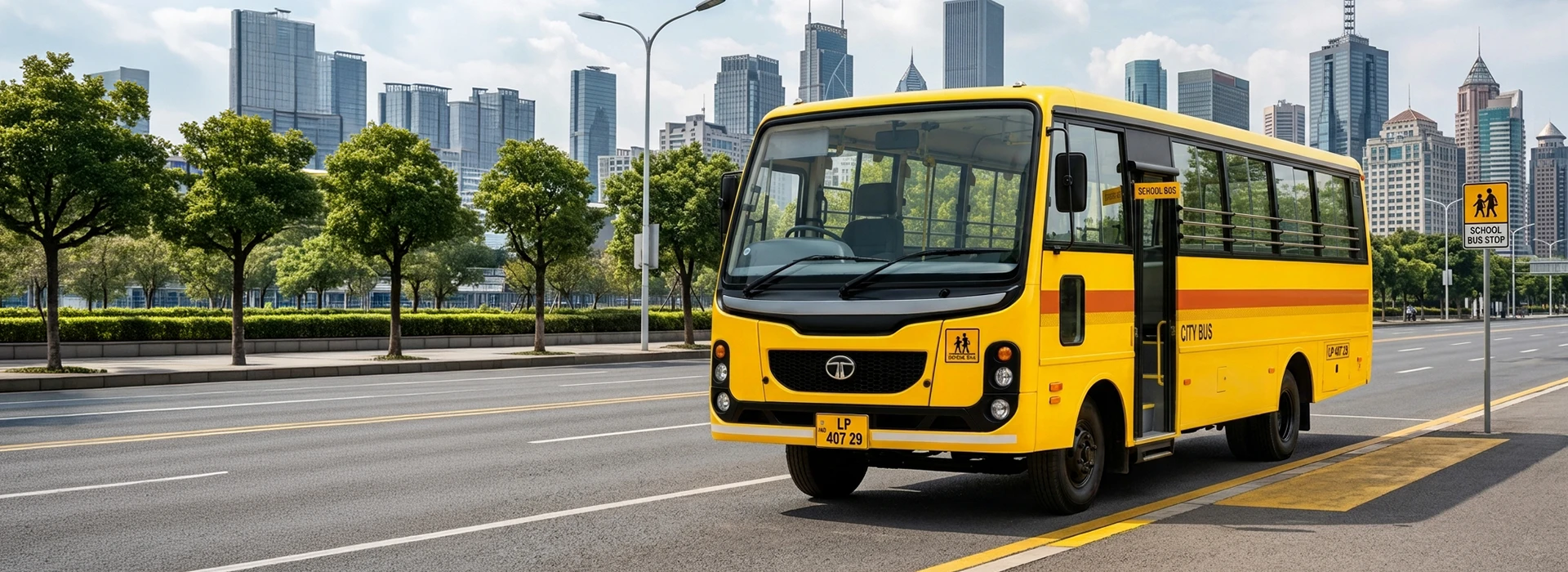 Yellow Tata LP 407-29 commercial school bus driving past a school bus stop sign on a modern urban avenue.
