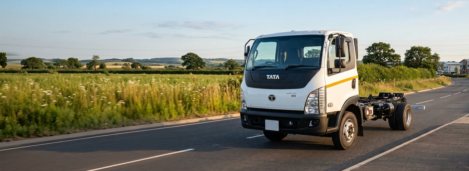 A front three-quarter view of a white Tata Ultra 814 chassis-cab truck driving on a country road at dusk, with fields and trees in the background under a blue sky.
