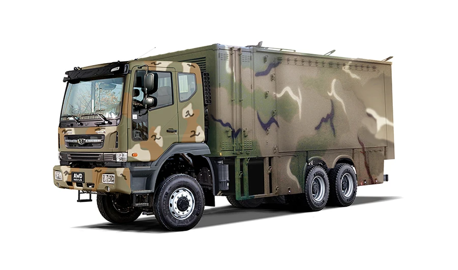 Camouflage Daewoo Novus 6x6 truck with an enclosed mobile electric storage system box body