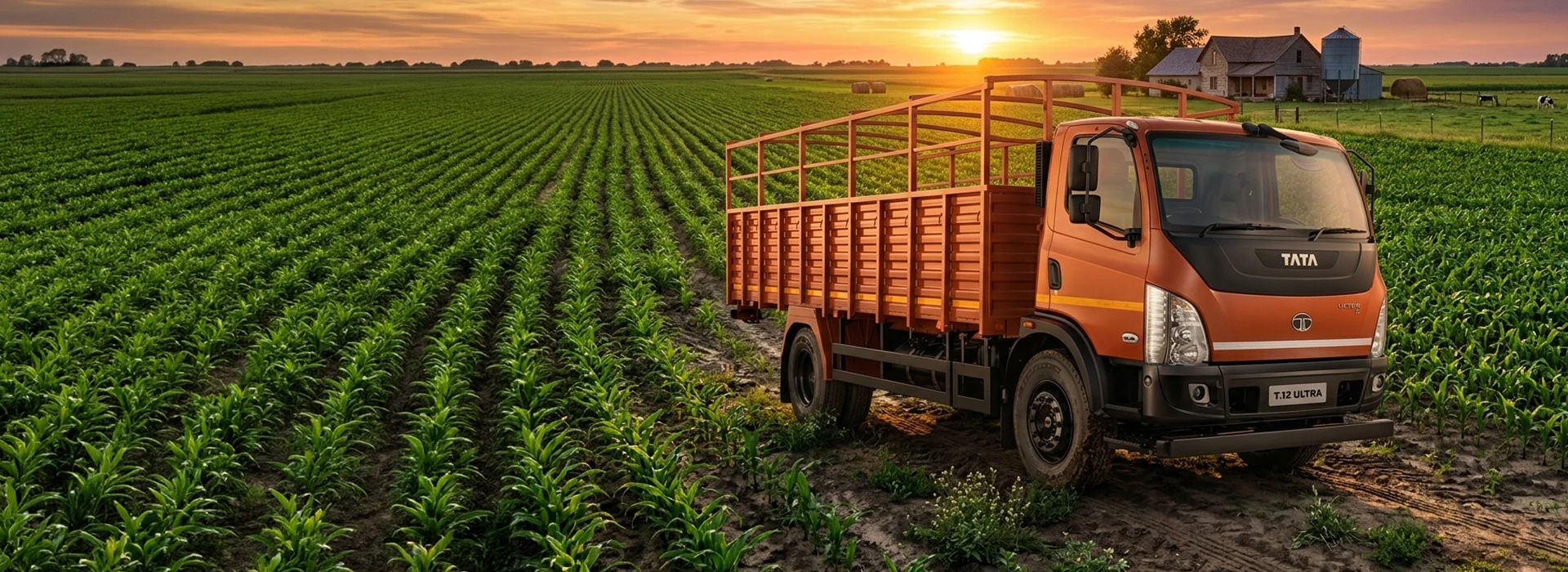 Orange Tata T.12 Ultra commercial truck with a high-sided cargo body parked alongside a farm field at sunset