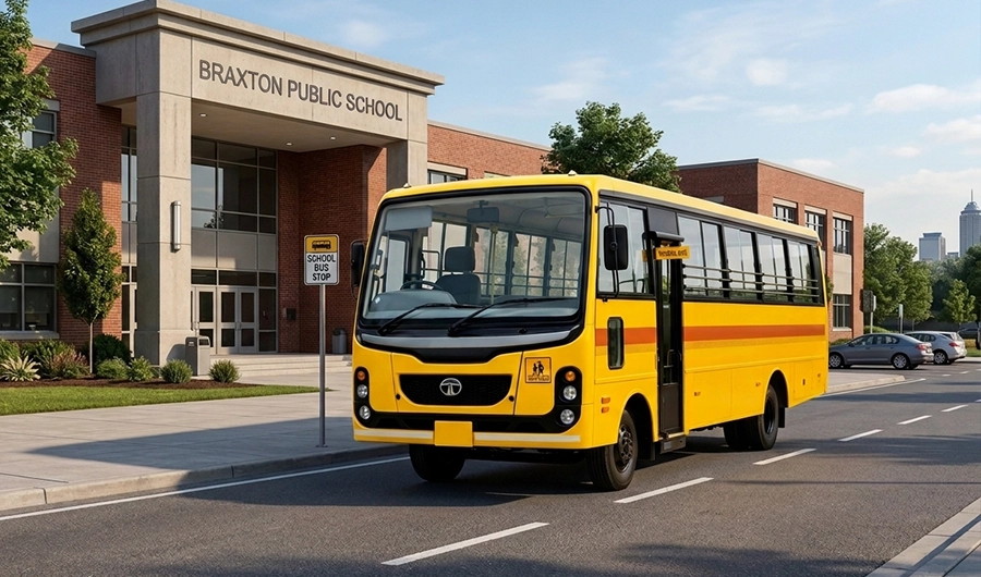 Yellow Tata LP 407/29 commercial school bus parked at a drop-off zone in front of a Public School.