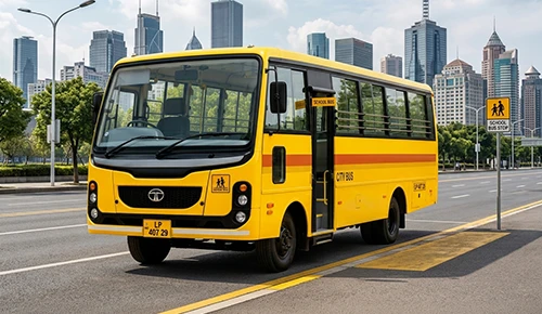Yellow Tata LP 407-29 commercial school bus driving past a school bus stop sign on a modern urban avenue.