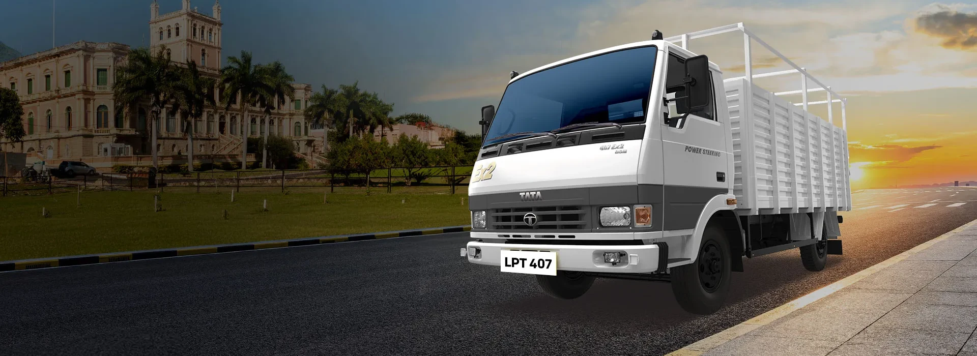 White Tata LPT 407 light commercial truck with high-sided cargo bed desktop hero banner